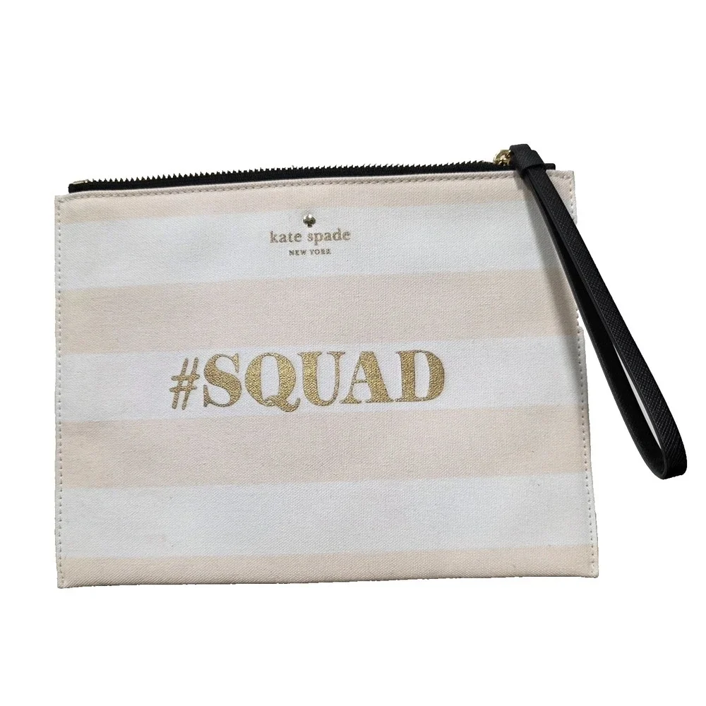 Kate Spade New York #SQUAD Striped Canvas Wristlet Pouch Cream Tan Gold Pouch